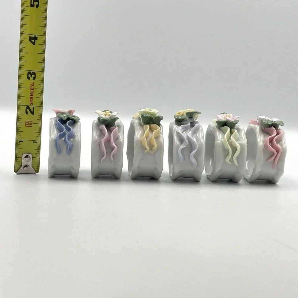 Vintage 1980s Porcelain Floral Napkin Rings Set of 6 Applied Flowers Pastel